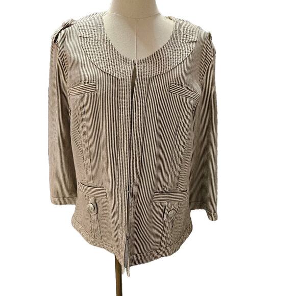 AMX Brown Pinstripe Denim Stretch Jacket - Classy - Roll Tab‎ Sleeve Medium - Picture 1 of 5